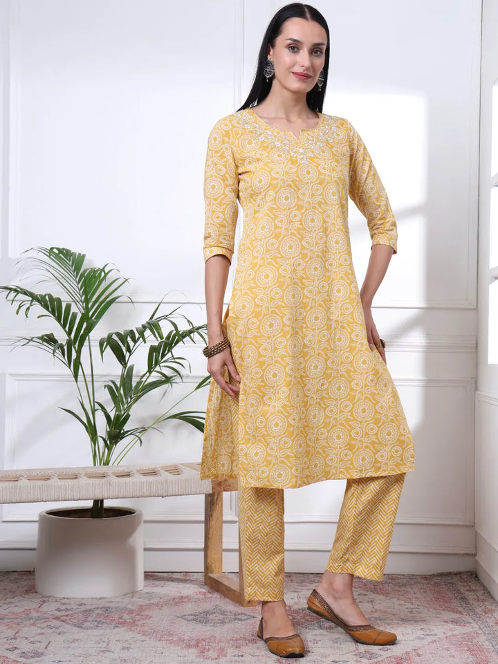 Yellow Pure Cotton Ethnic Motifs Thread Work Kurta Dupatta Pant Set
