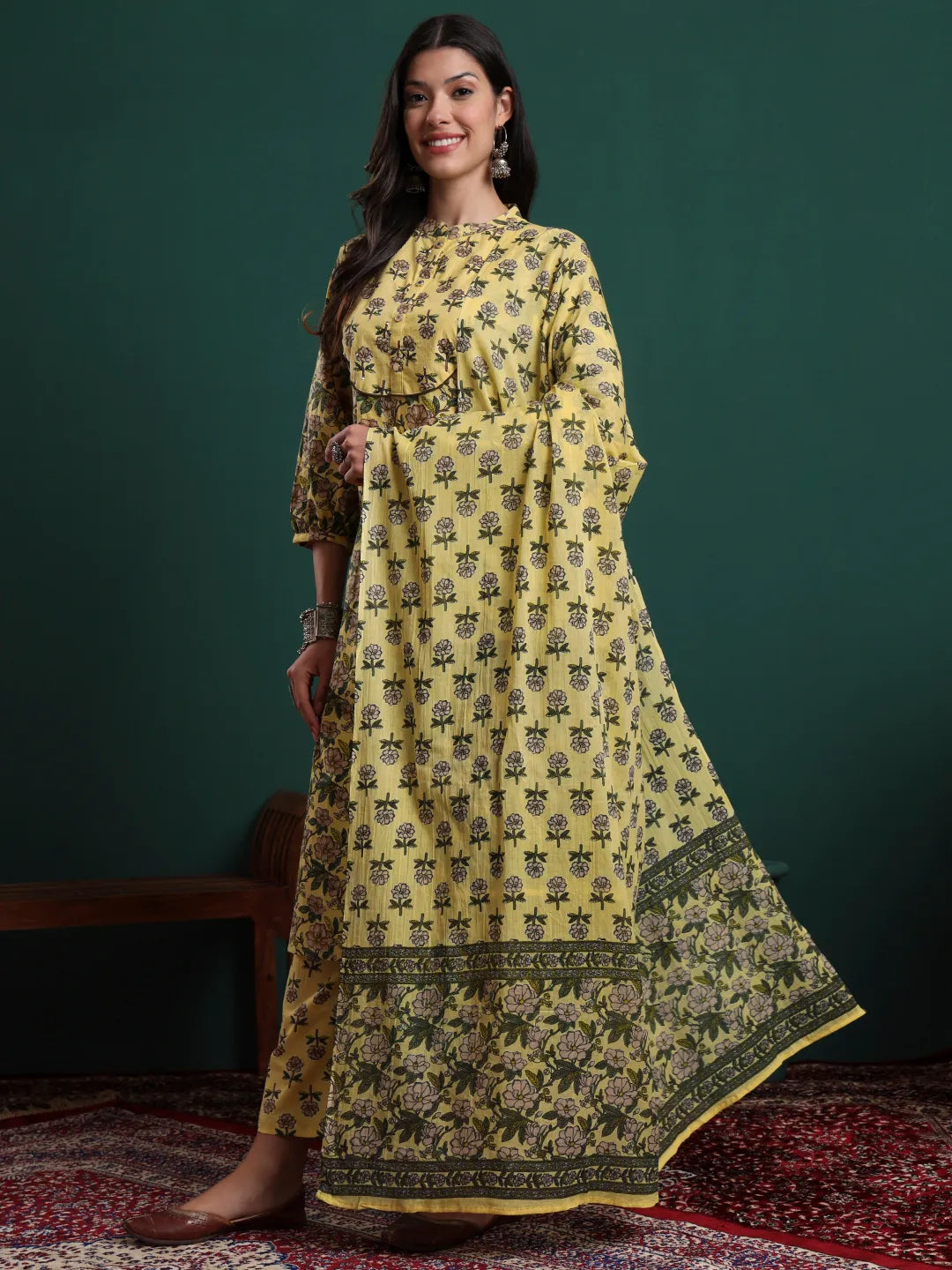 Yellow Cotton Floral Print Sequins Work Kurta Pants Dupatta Set