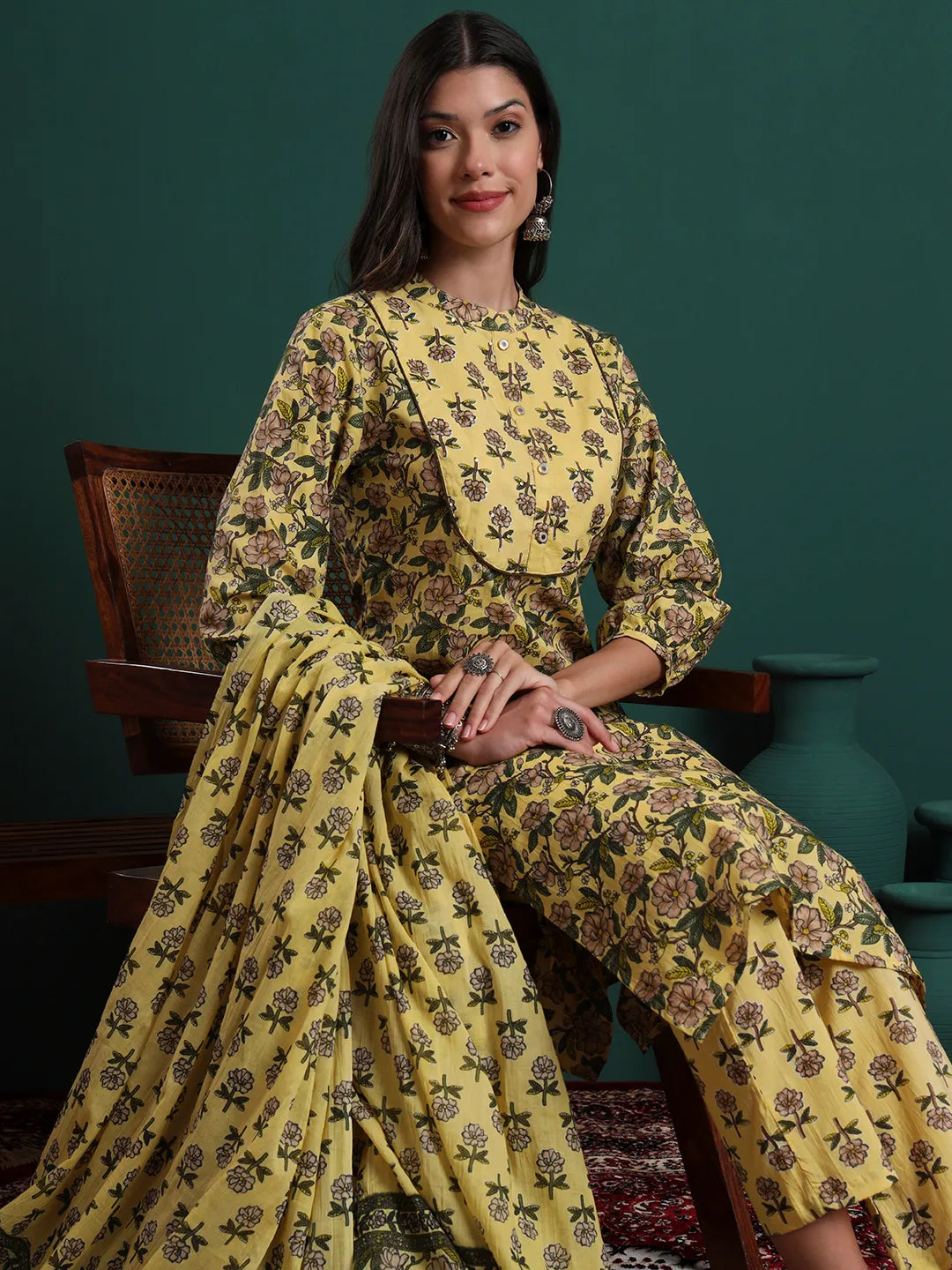 Yellow Cotton Floral Print Sequins Work Kurta Pants Dupatta Set
