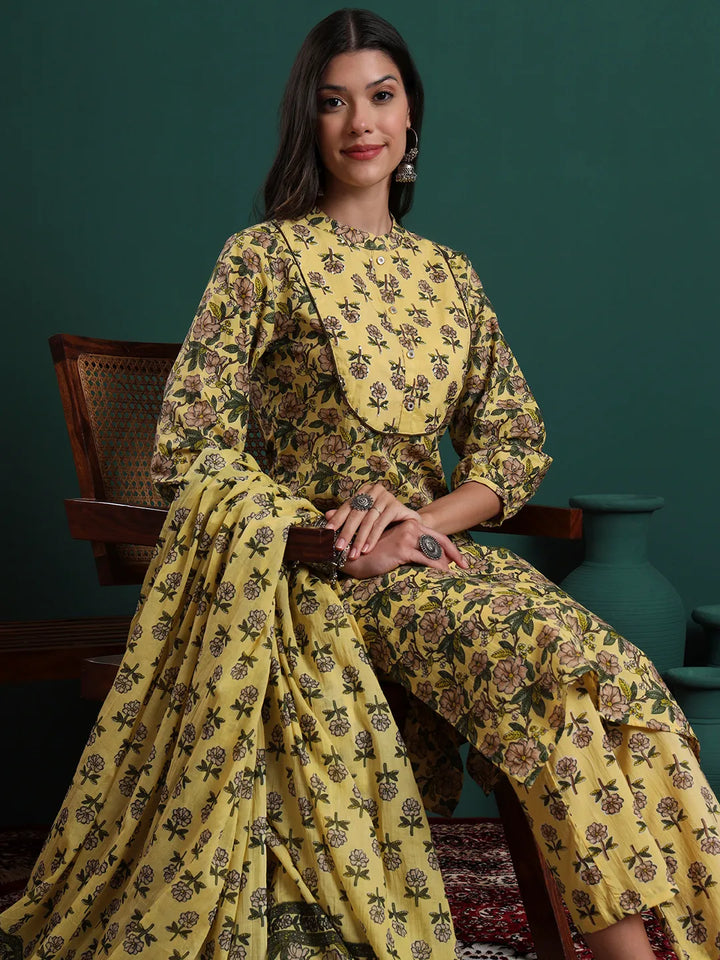 Yellow Cotton Floral Print Sequins Work Kurta Pants Dupatta Set