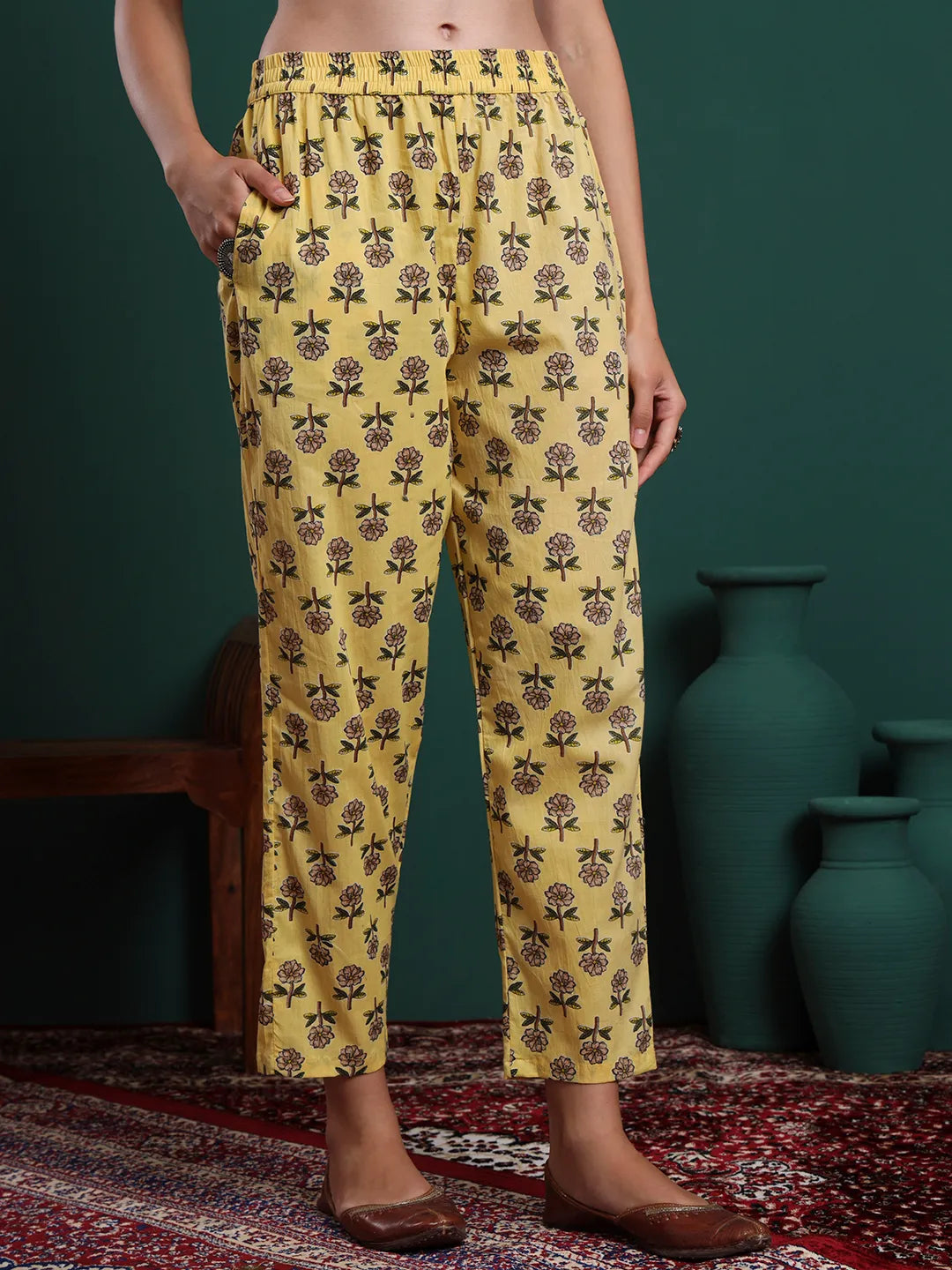 Yellow Cotton Floral Print Sequins Work Kurta Pants Dupatta Set