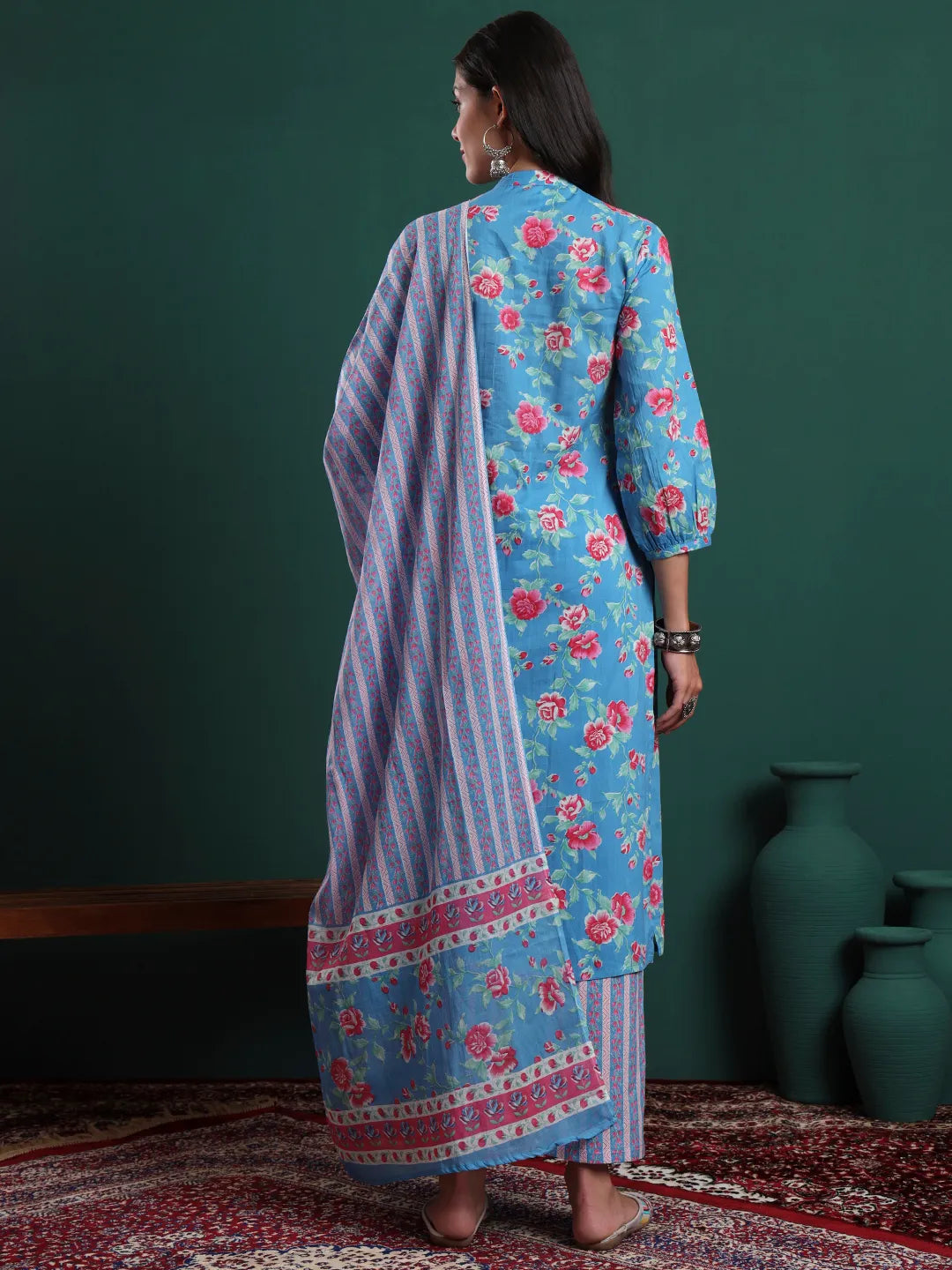 Turquoise Blue Cotton Floral Print Sequins Work Kurta Pants Dupatta Set
