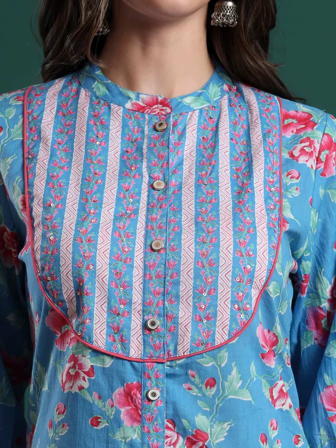 Turquoise Blue Cotton Floral Print Sequins Work Kurta Pants Dupatta Set