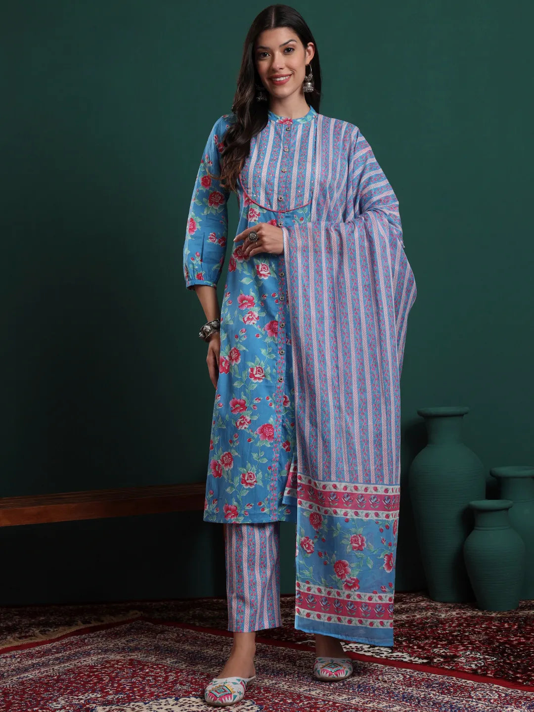 Turquoise Blue Cotton Floral Print Sequins Work Kurta Pants Dupatta Set