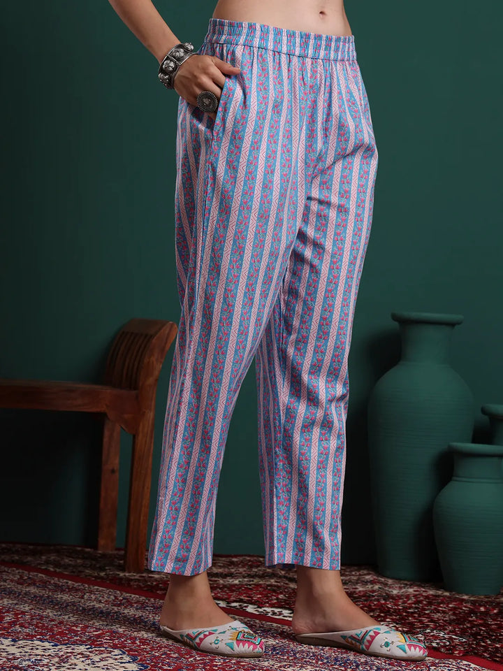 Turquoise Blue Cotton Floral Print Sequins Work Kurta Pants Dupatta Set