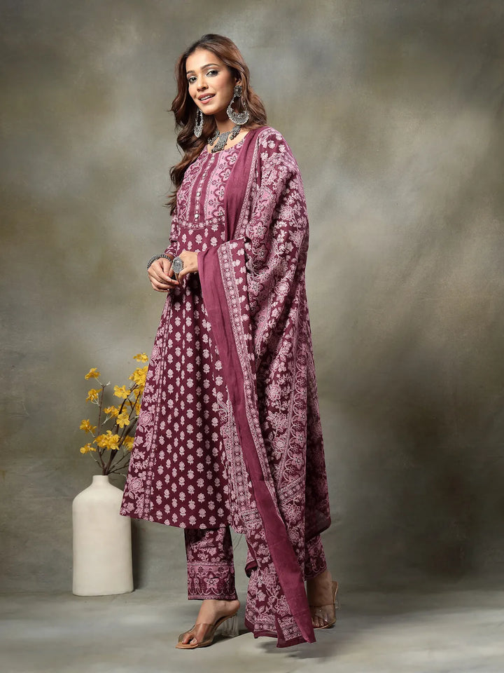 Purple Floral Print Sequins Work Cotton A-Line Kurta And Trouser With Dupatta Set