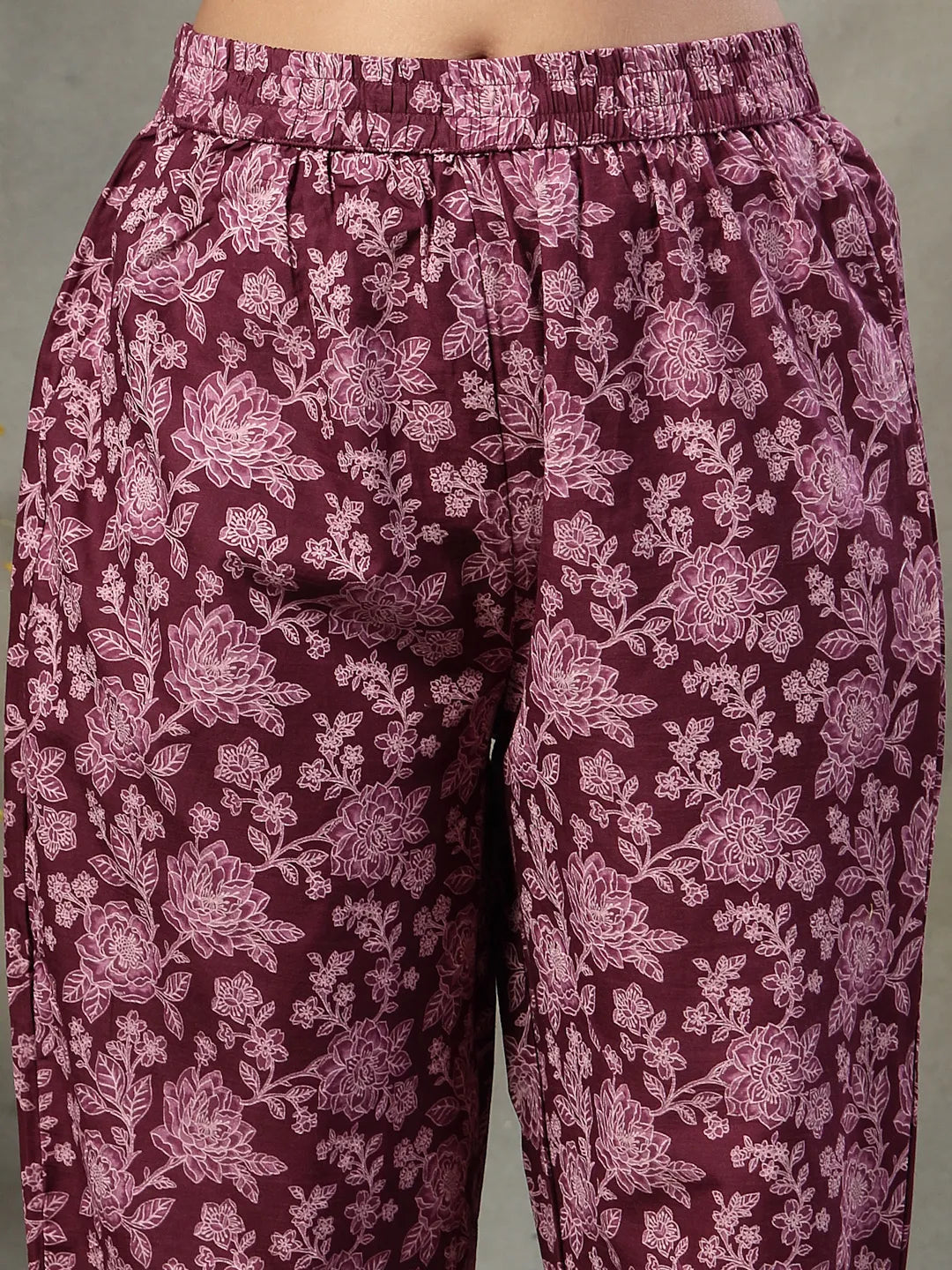 Purple Floral Print Sequins Work Cotton A-Line Kurta And Trouser With Dupatta Set