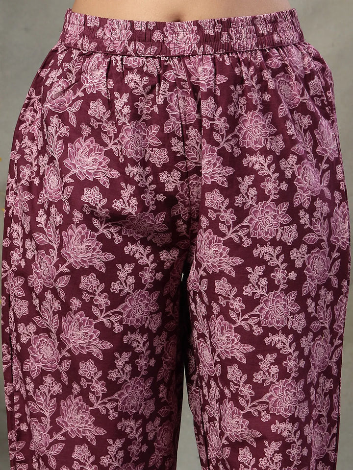 Purple Floral Print Sequins Work Cotton A-Line Kurta And Trouser With Dupatta Set