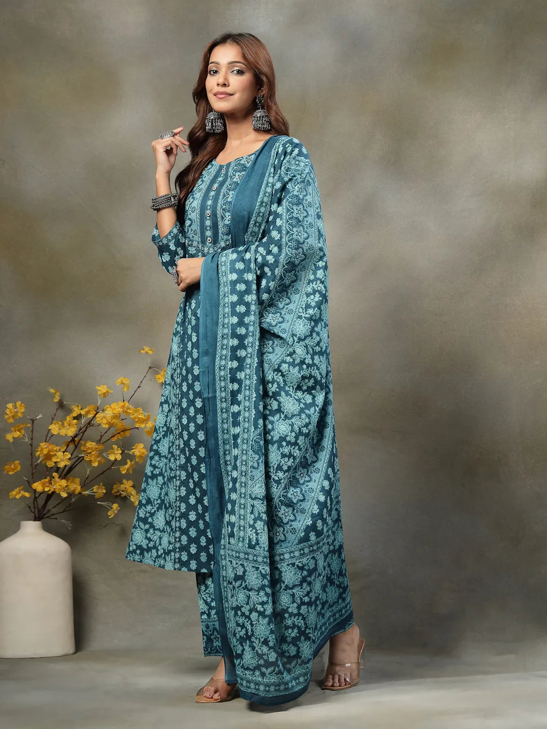 Teal Blue  Floral Print Sequins Work Cotton A-Line Kurta And Trouser With Dupatta Set