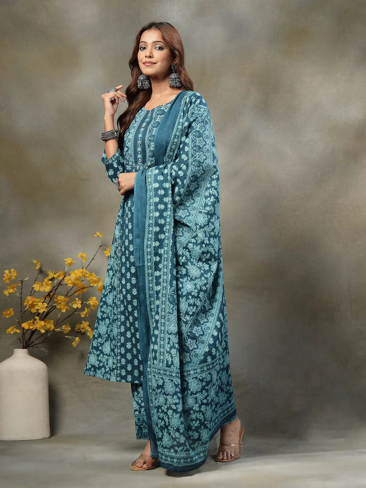 Teal Blue  Floral Print Sequins Work Cotton A-Line Kurta And Trouser With Dupatta Set