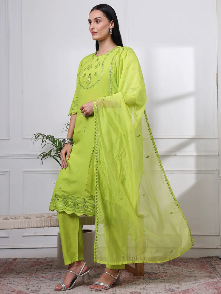 Slik Blend Lime Green Straight Kurta Dupatta Pant Set Cotton Lining Kurta