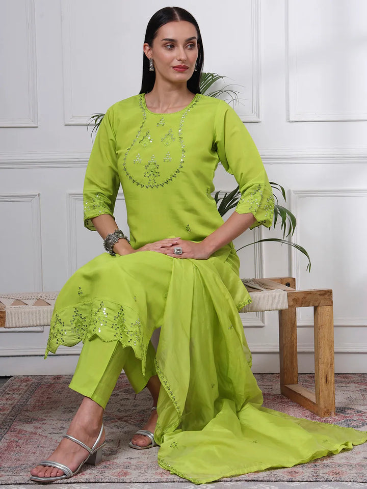 Slik Blend Lime Green Straight Kurta Dupatta Pant Set Cotton Lining Kurta
