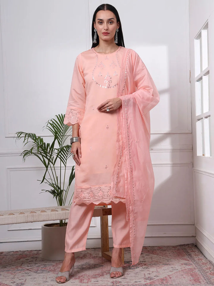 Slik Blend Peach Straight Kurta Dupatta Pant Set Cotton Lining Kurta