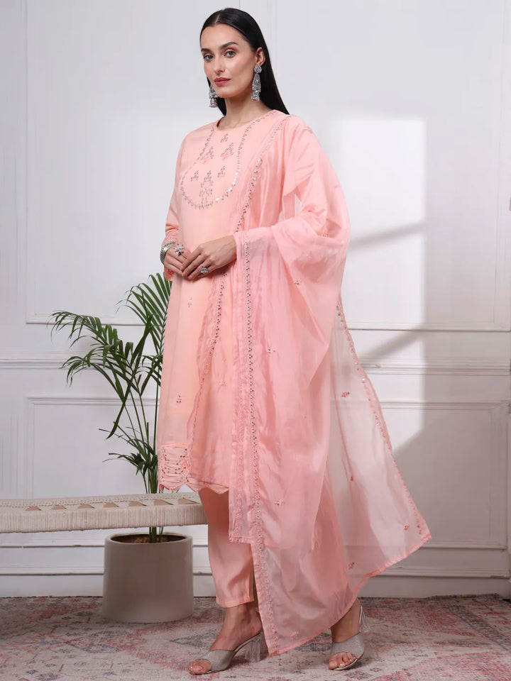 Slik Blend Peach Straight Kurta Dupatta Pant Set Cotton Lining Kurta