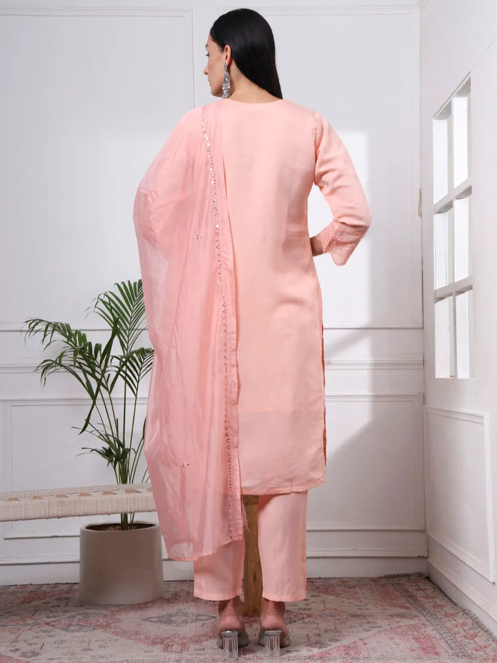 Slik Blend Peach Straight Kurta Dupatta Pant Set Cotton Lining Kurta