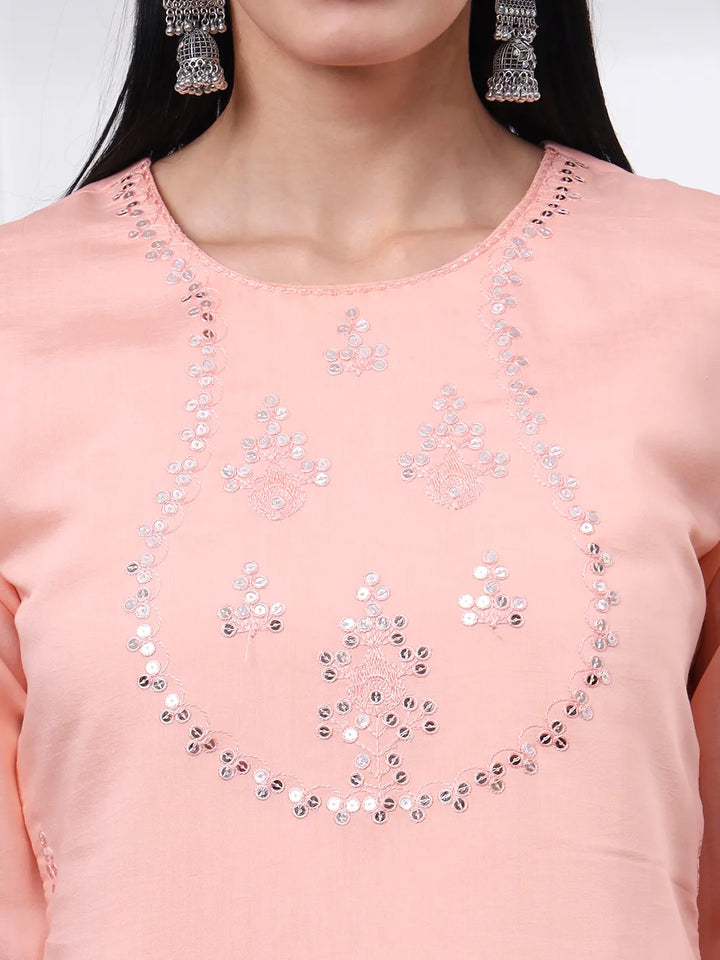 Slik Blend Peach Straight Kurta Dupatta Pant Set Cotton Lining Kurta