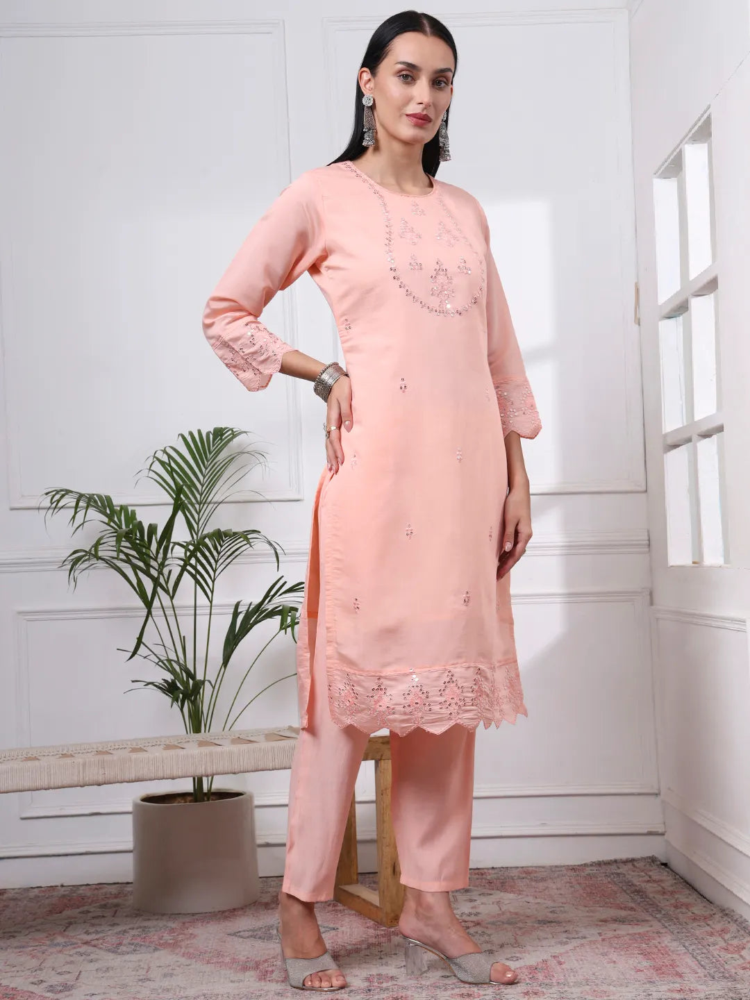 Slik Blend Peach Straight Kurta Dupatta Pant Set Cotton Lining Kurta