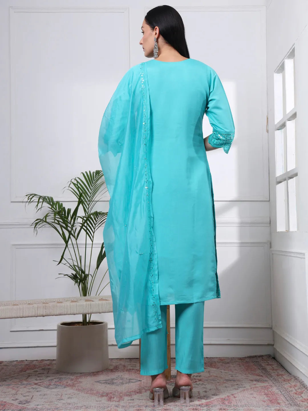 Slik Blend Sea Green Straight Kurta Dupatta Pant Set Cotton Lining Kurta