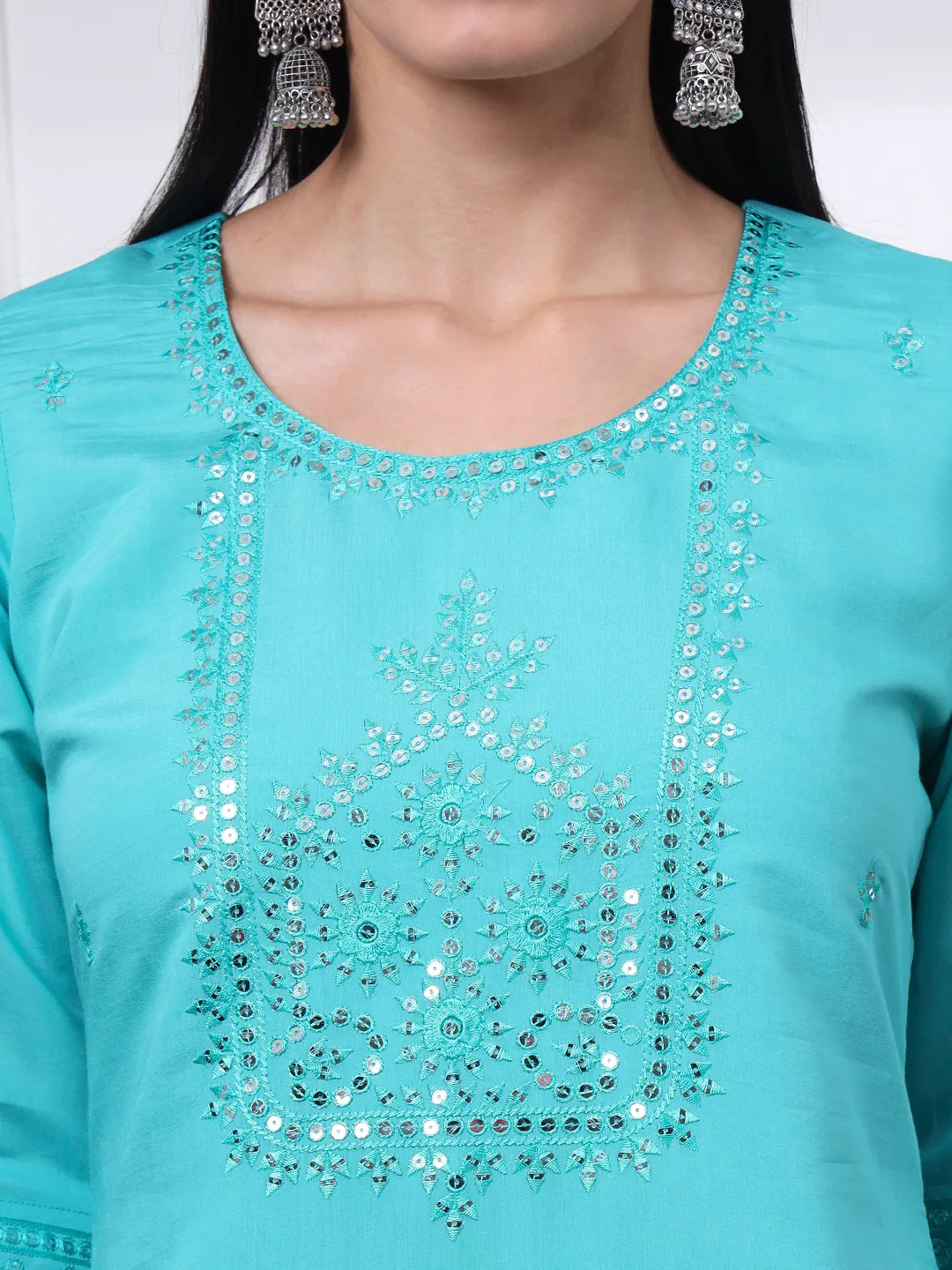 Slik Blend Sea Green Straight Kurta Dupatta Pant Set Cotton Lining Kurta