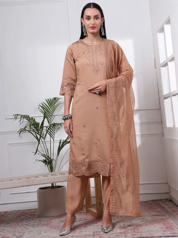 Beige Slik Blend Straight Kurta Dupatta Pant Set Cotton Lining Kurta
