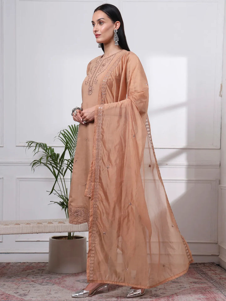 Beige Slik Blend Straight Kurta Dupatta Pant Set Cotton Lining Kurta