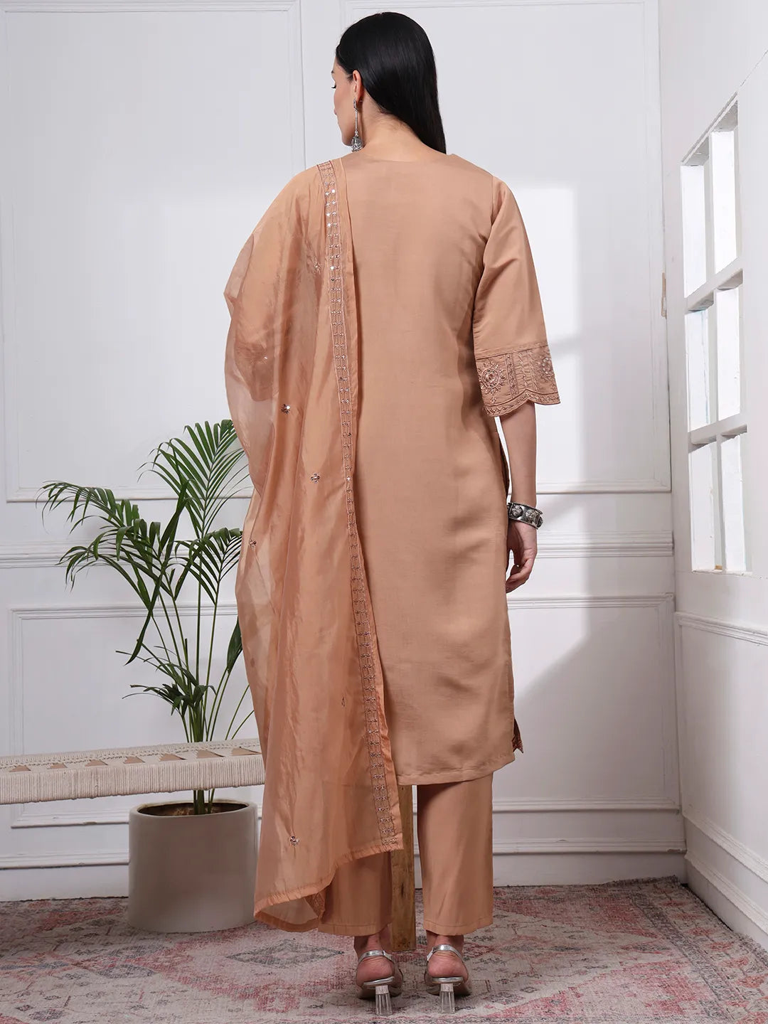 Beige Slik Blend Straight Kurta Dupatta Pant Set Cotton Lining Kurta