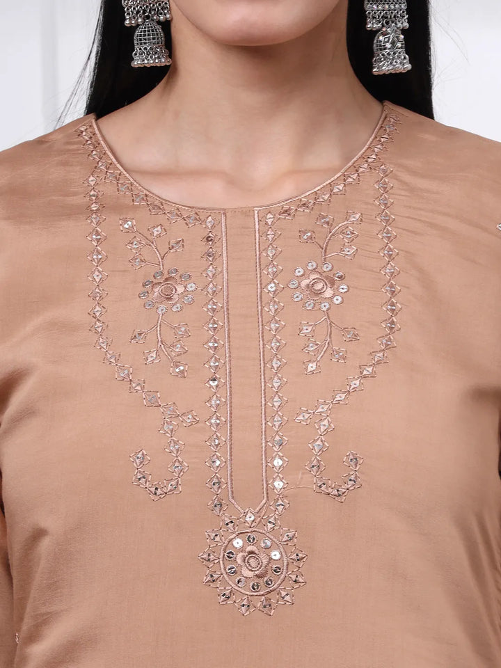 Beige Slik Blend Straight Kurta Dupatta Pant Set Cotton Lining Kurta