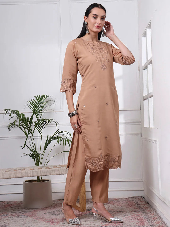 Beige Slik Blend Straight Kurta Dupatta Pant Set Cotton Lining Kurta
