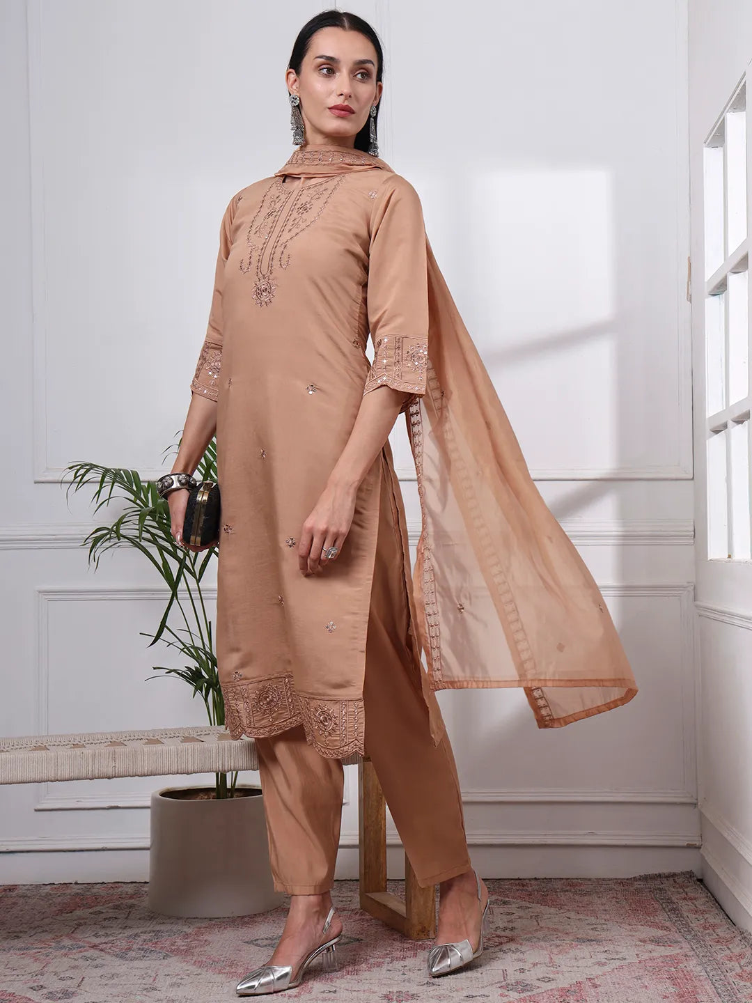 Beige Slik Blend Straight Kurta Dupatta Pant Set Cotton Lining Kurta