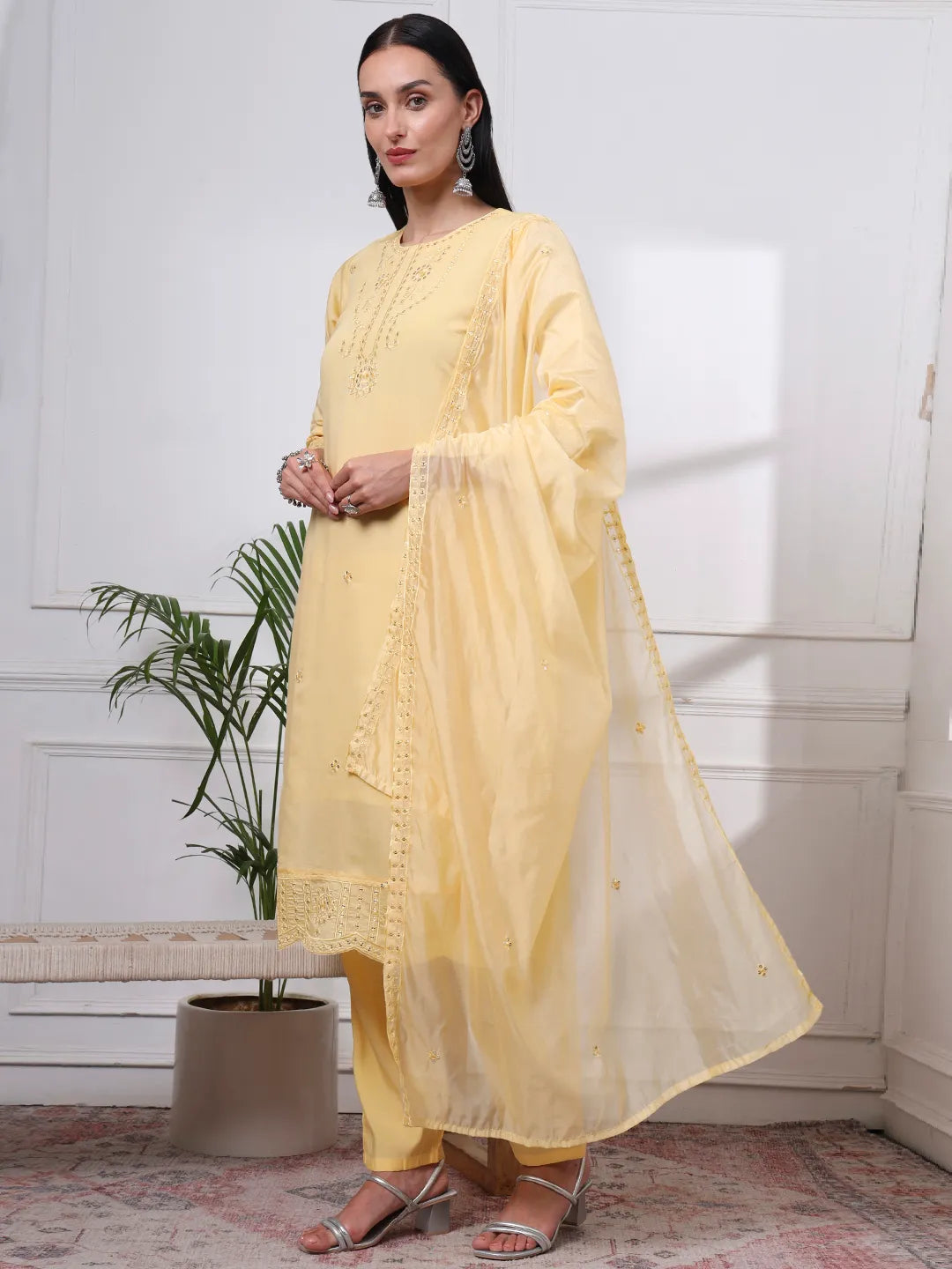 Butter Yellow Slik Blend Straight Kurta Dupatta Pant Set Cotton Lining Kurta