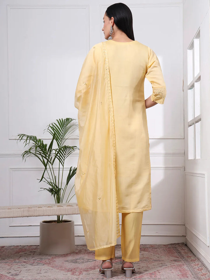 Butter Yellow Slik Blend Straight Kurta Dupatta Pant Set Cotton Lining Kurta
