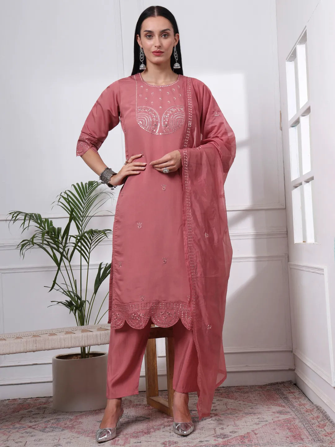 Mauve Slik Blend Straight Kurta Dupatta Pant Set Cotton Lining Kurta