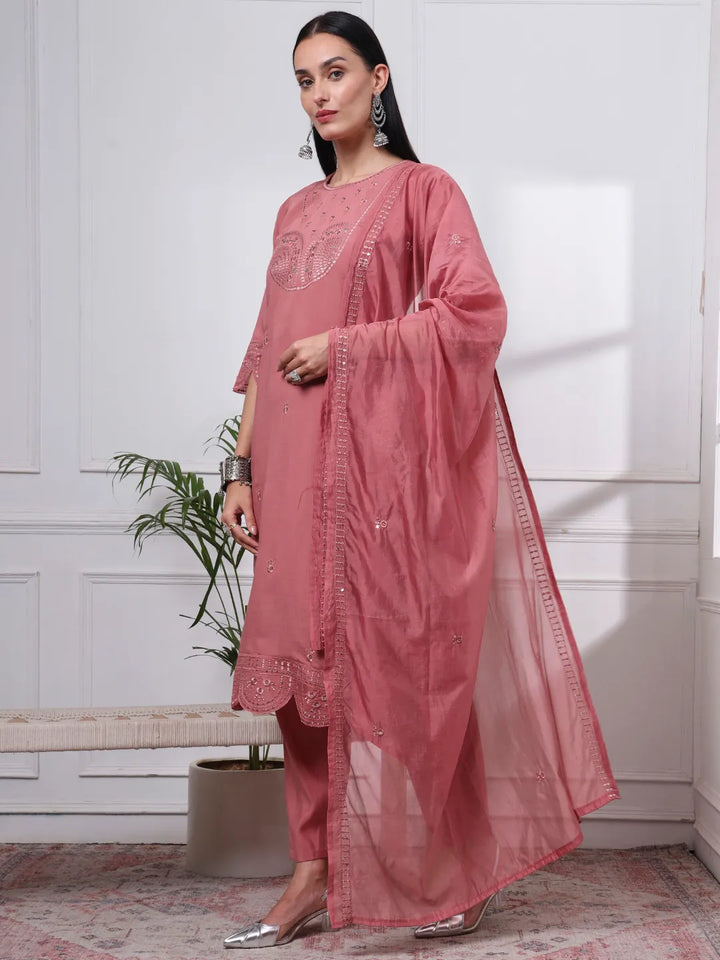 Mauve Slik Blend Straight Kurta Dupatta Pant Set Cotton Lining Kurta