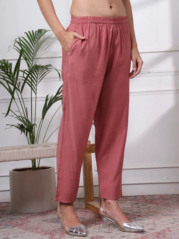 Mauve Slik Blend Straight Kurta Dupatta Pant Set Cotton Lining Kurta