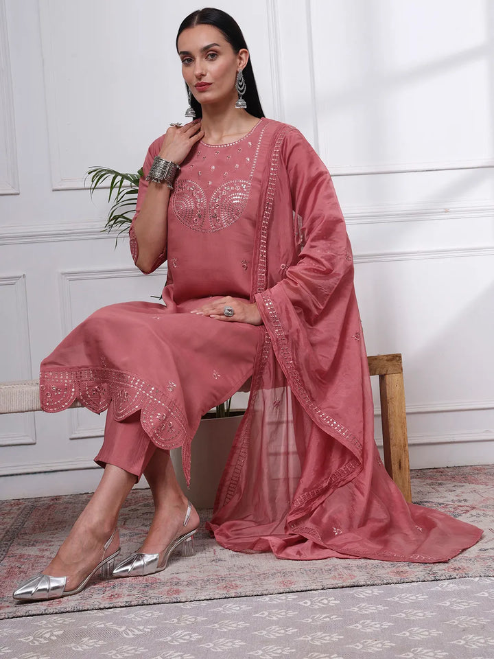 Mauve Slik Blend Straight Kurta Dupatta Pant Set Cotton Lining Kurta