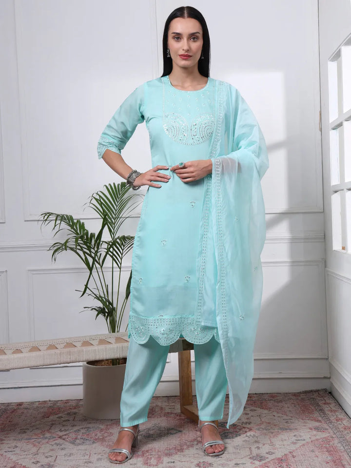 Sky Blue Slik Blend Straight Kurta Dupatta Pant Set Cotton Lining Kurta