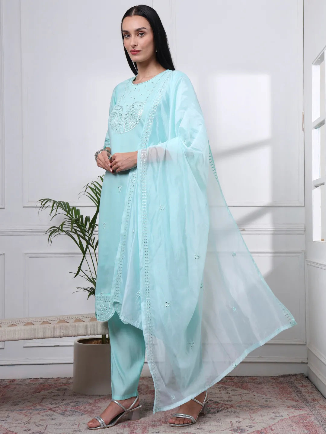 Sky Blue Slik Blend Straight Kurta Dupatta Pant Set Cotton Lining Kurta