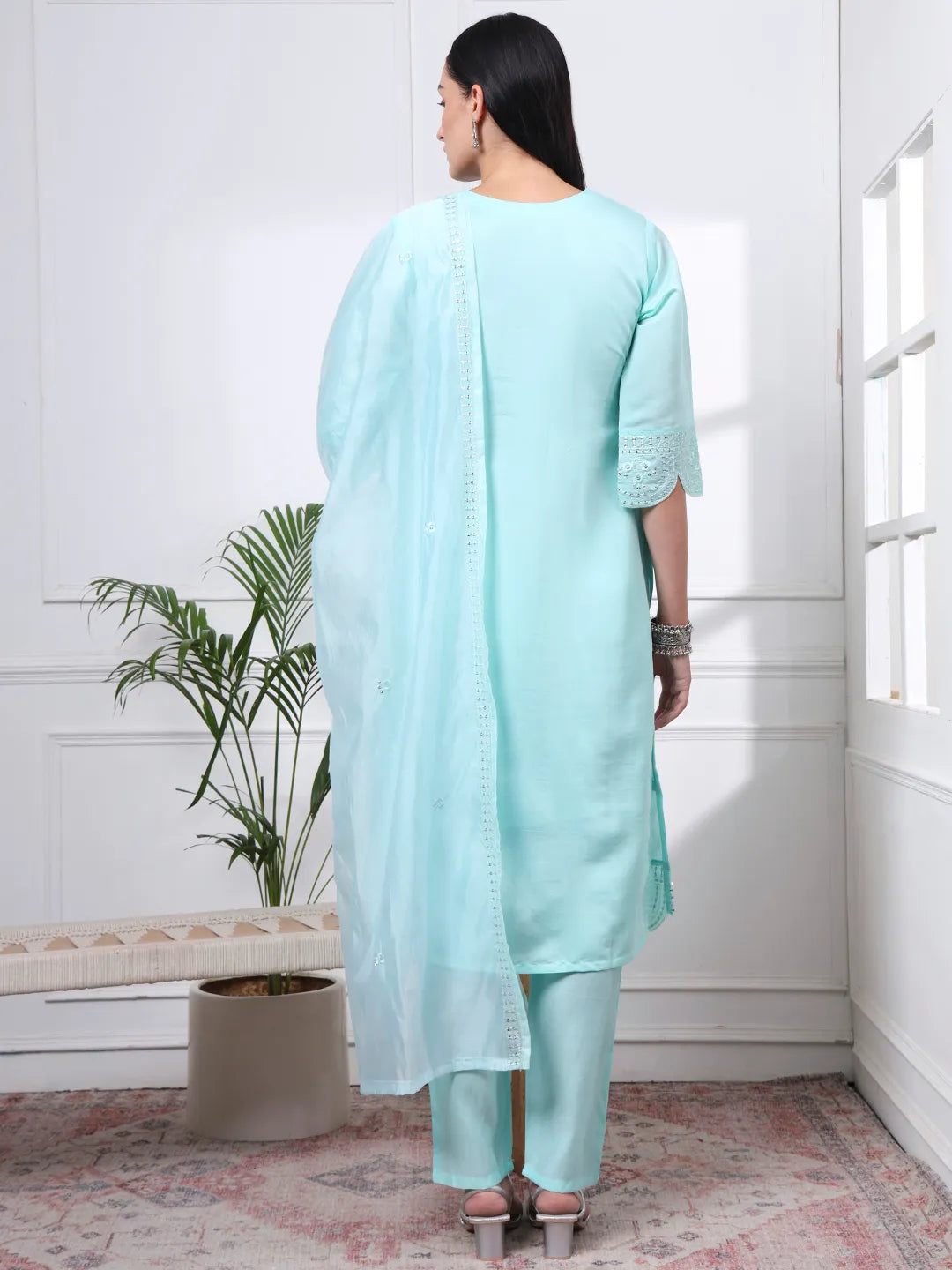 Sky Blue Slik Blend Straight Kurta Dupatta Pant Set Cotton Lining Kurta