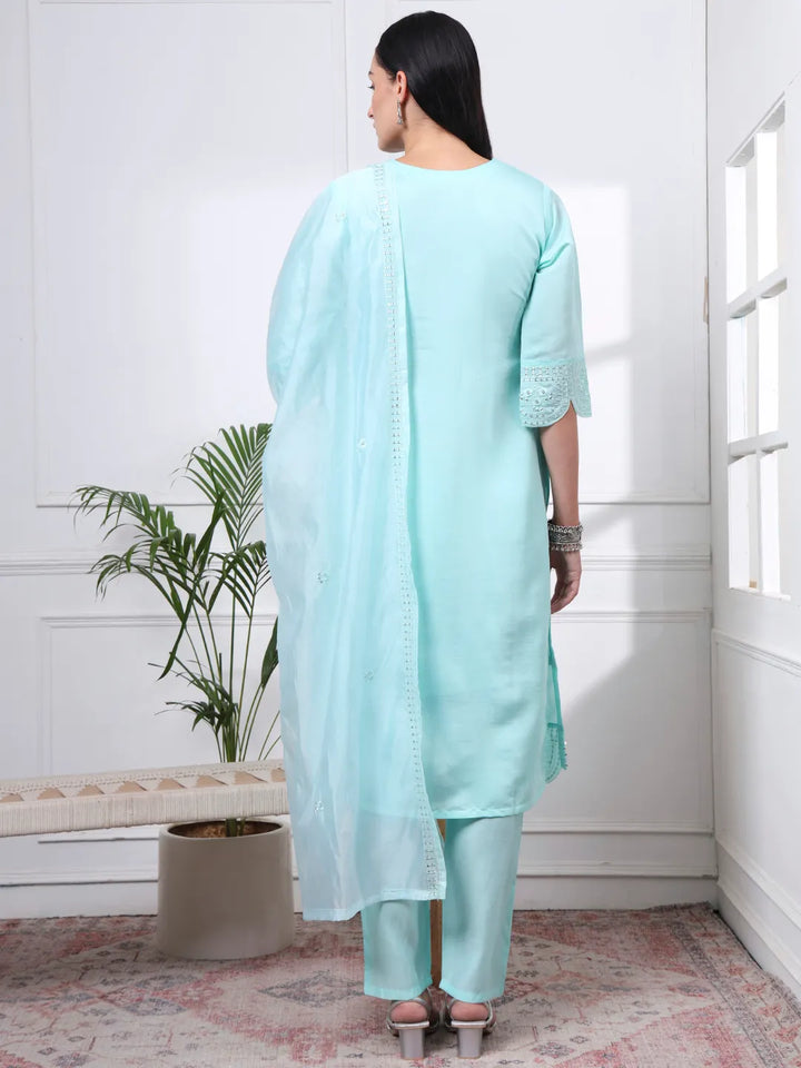 Sky Blue Slik Blend Straight Kurta Dupatta Pant Set Cotton Lining Kurta