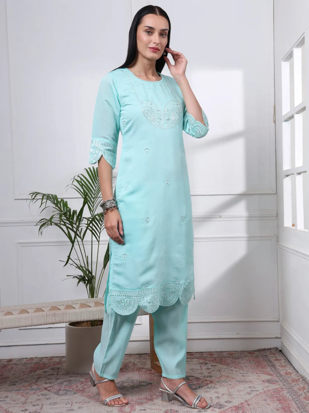 Sky Blue Slik Blend Straight Kurta Dupatta Pant Set Cotton Lining Kurta