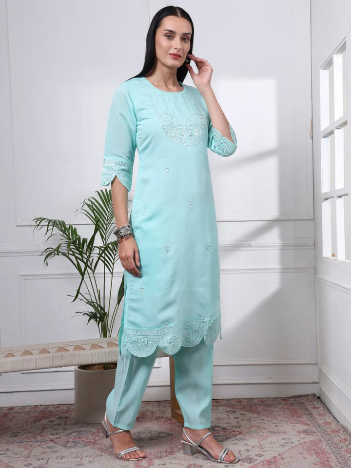 Sky Blue Slik Blend Straight Kurta Dupatta Pant Set Cotton Lining Kurta