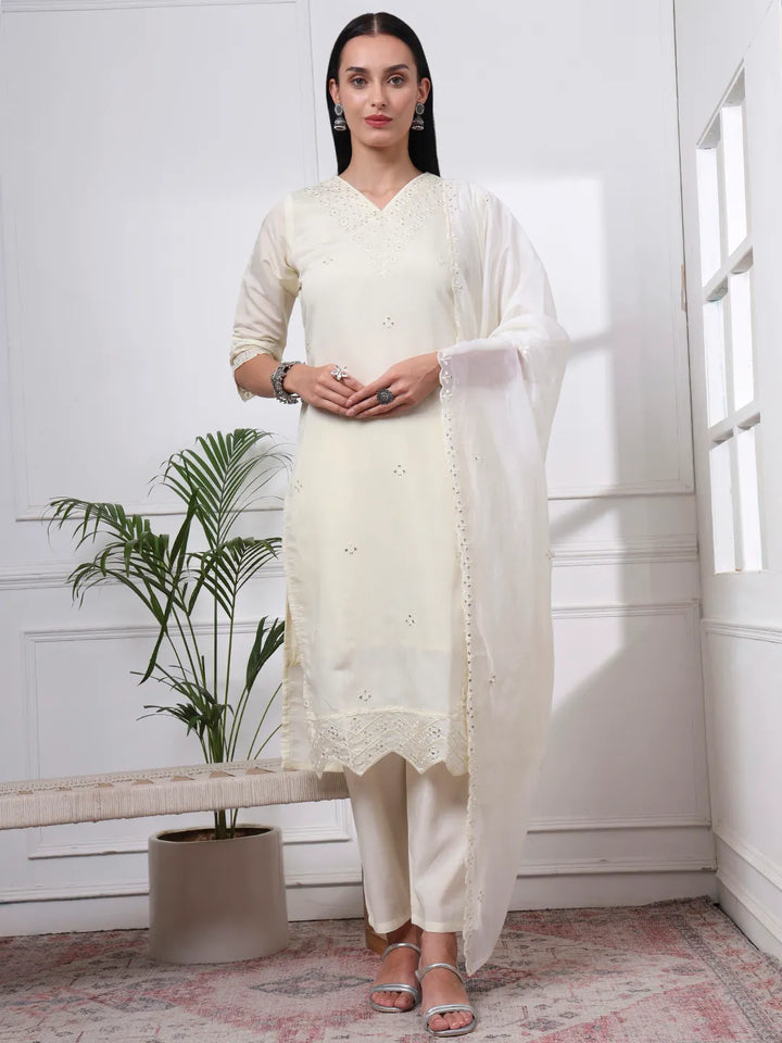 Cream Slik Blend Straight Kurta Dupatta Pant Set Cotton Lining Kurta