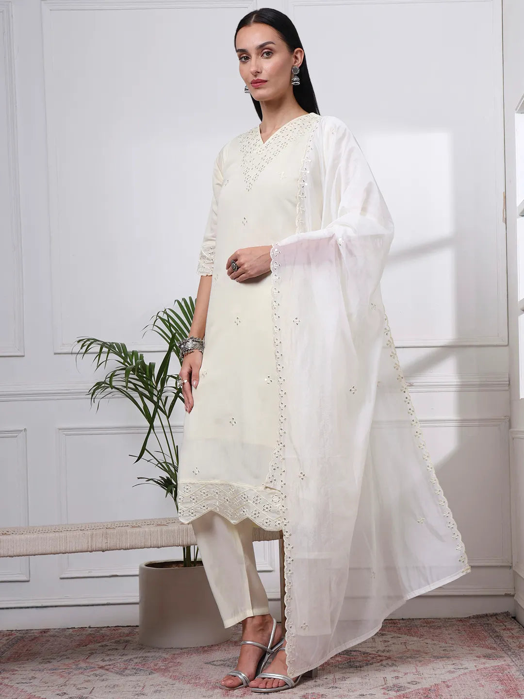 Cream Slik Blend Straight Kurta Dupatta Pant Set Cotton Lining Kurta