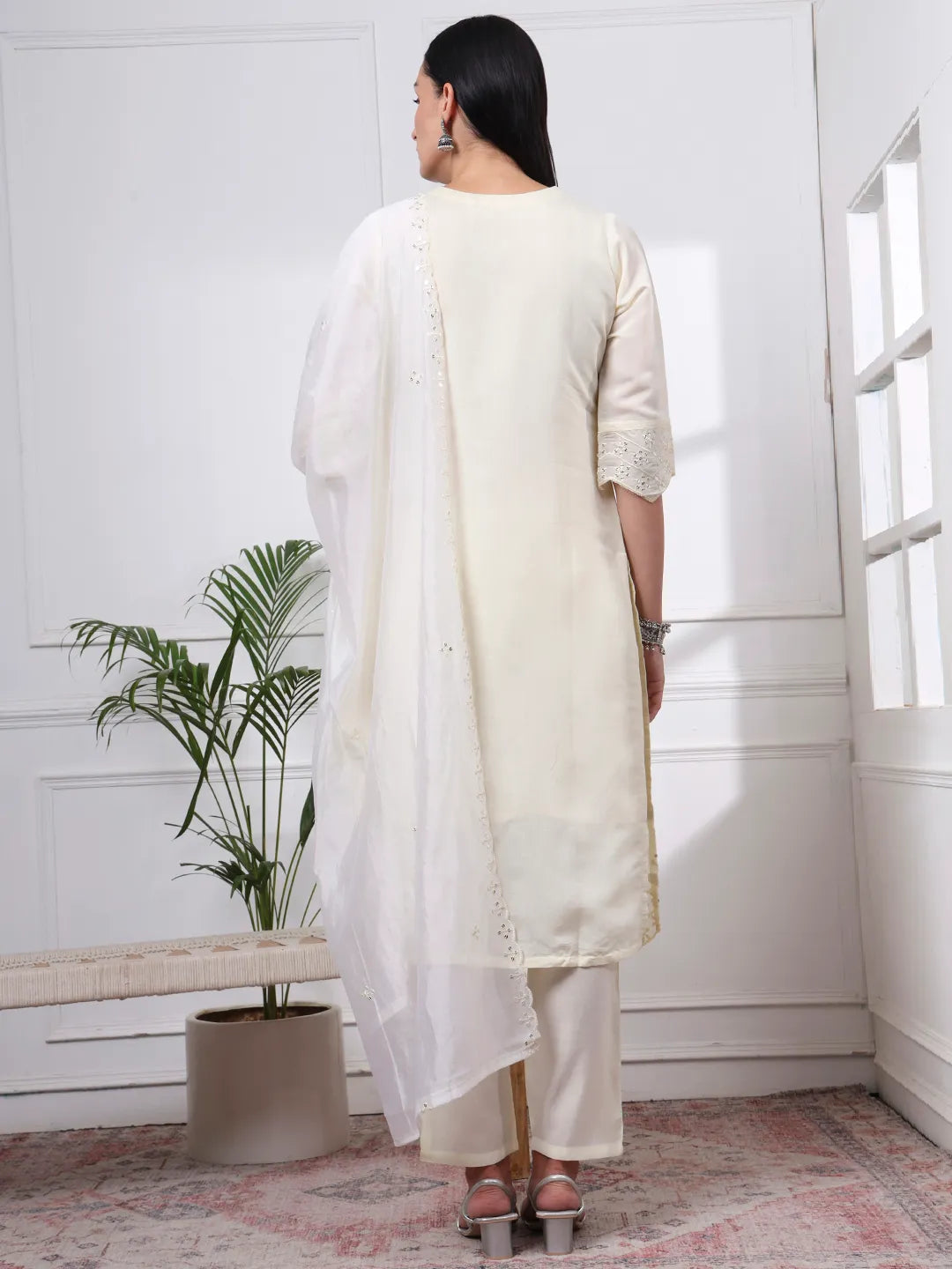Cream Slik Blend Straight Kurta Dupatta Pant Set Cotton Lining Kurta