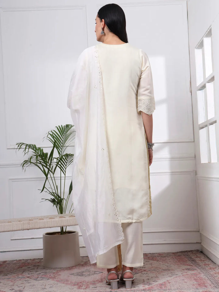 Cream Slik Blend Straight Kurta Dupatta Pant Set Cotton Lining Kurta