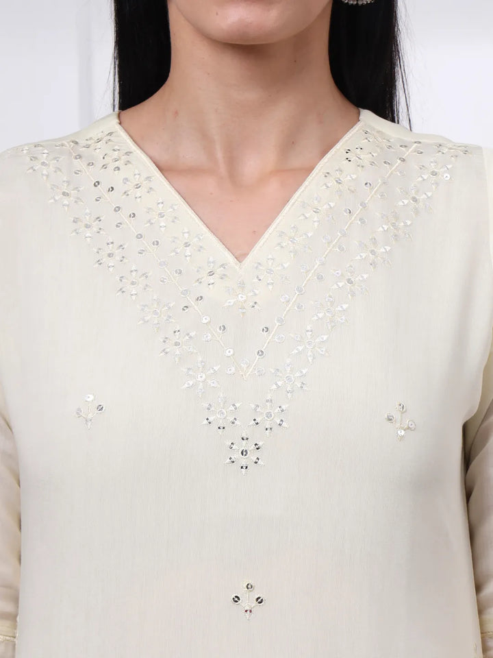 Cream Slik Blend Straight Kurta Dupatta Pant Set Cotton Lining Kurta