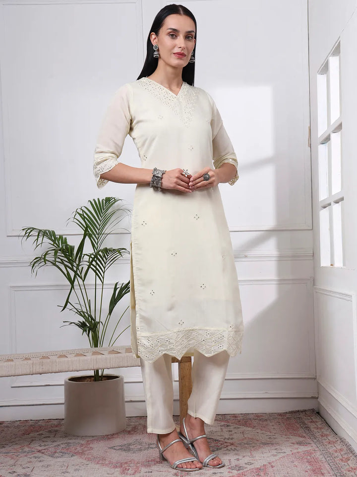 Cream Slik Blend Straight Kurta Dupatta Pant Set Cotton Lining Kurta