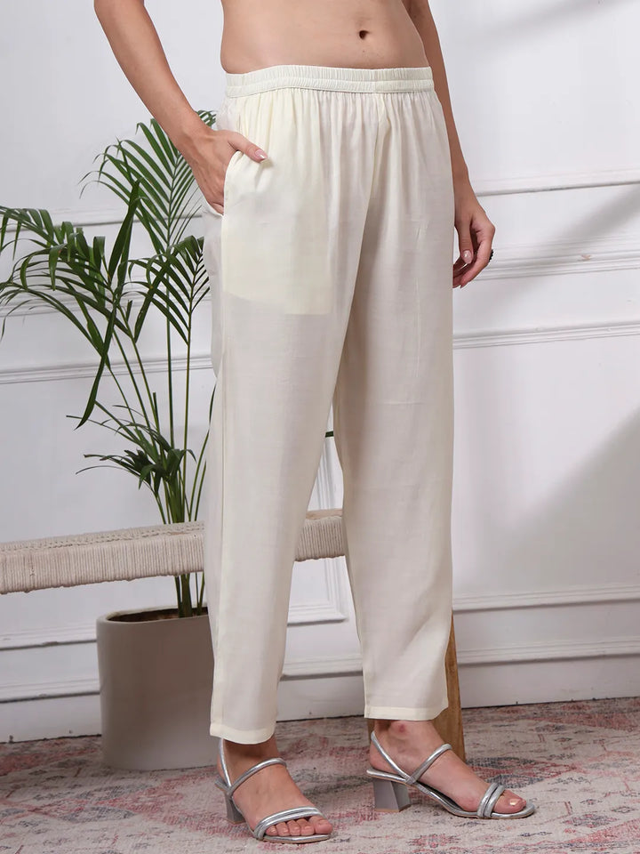 Cream Slik Blend Straight Kurta Dupatta Pant Set Cotton Lining Kurta