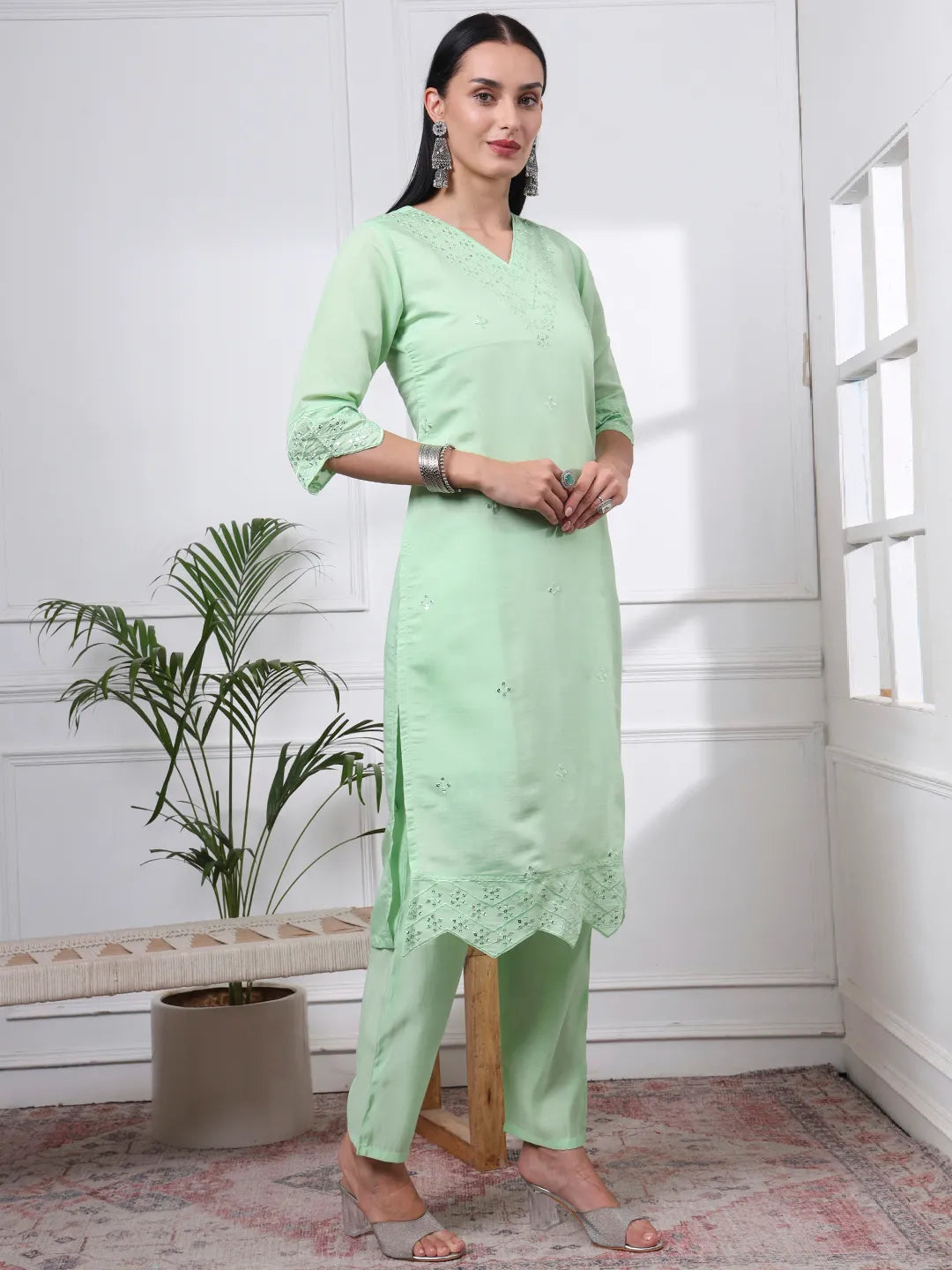 Pastel Green Slik Blend Straight Kurta Dupatta Pant Set Cotton Lining Kurta