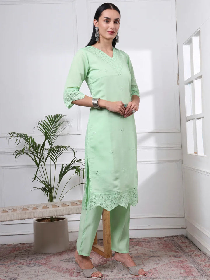 Pastel Green Slik Blend Straight Kurta Dupatta Pant Set Cotton Lining Kurta